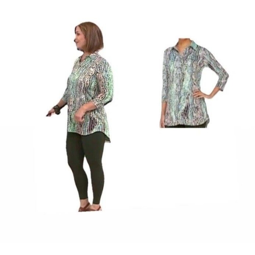 Women With Control Liquid Knit Printed Multi Pearl Collar Blouse Size Large Tall